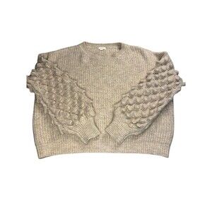 DEBUT Oatmeal Beige Knit Sweater Puffy Crocodile Stitch Sleeves Medium Cropped